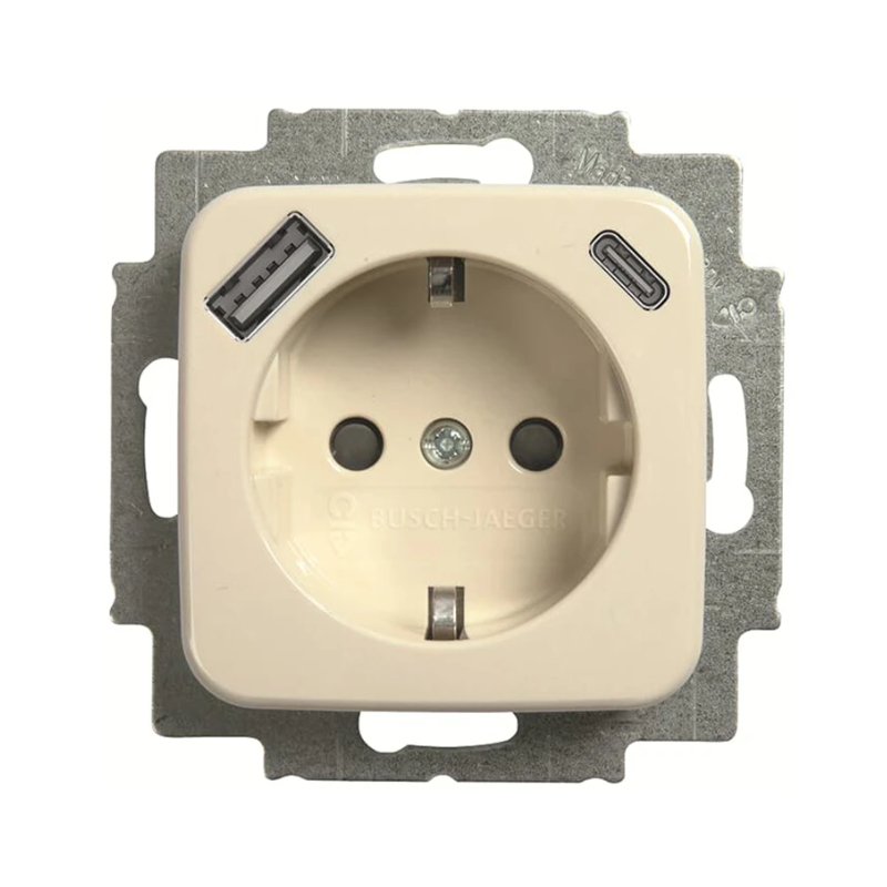 Busch-Jaeger Reflex Wandcontactdoos USB-A en USB-C 1V + Randaarde KV Crème