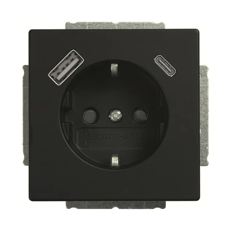 Busch-Jaeger Future Linear Wandcontactdoos USB-A en USB-C 1V + Randaarde KV Mat Zwart